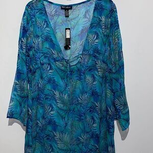 Club Z Collection Women's Blue Gold Tropical 3/4 Sleeve Swim Cover-Up Medium NWT